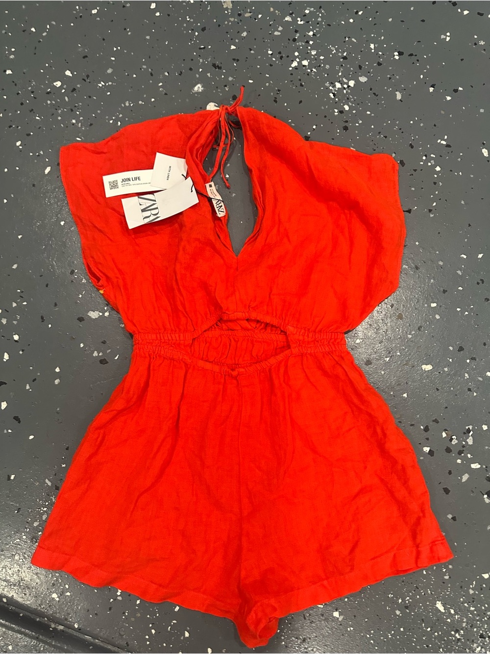 Zara linen orange/Red Short Sleeve Cutout Romper